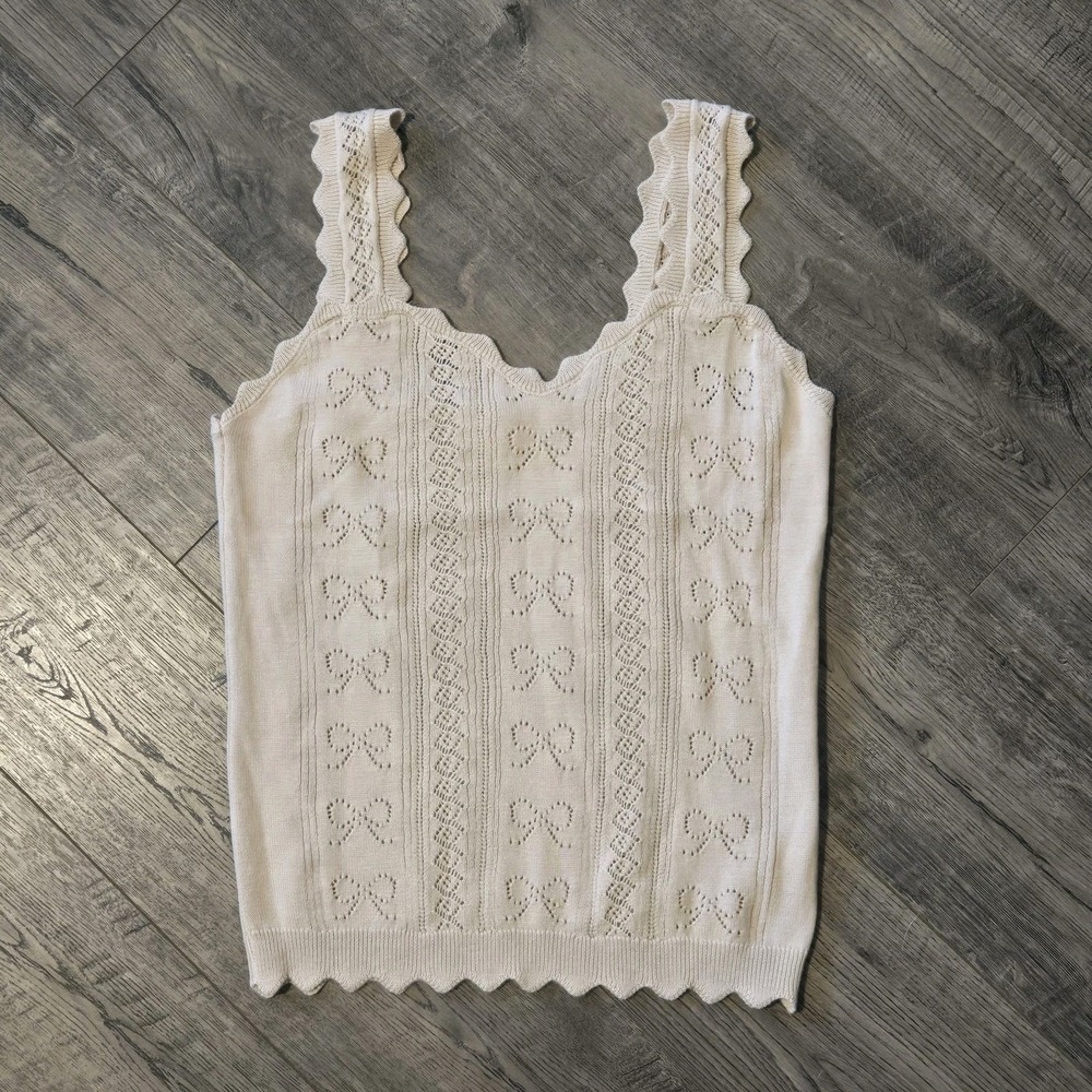 Rareraw Pointelle Knit Tank Top Size Medium Scalloped Hem Bows Girly Delicate